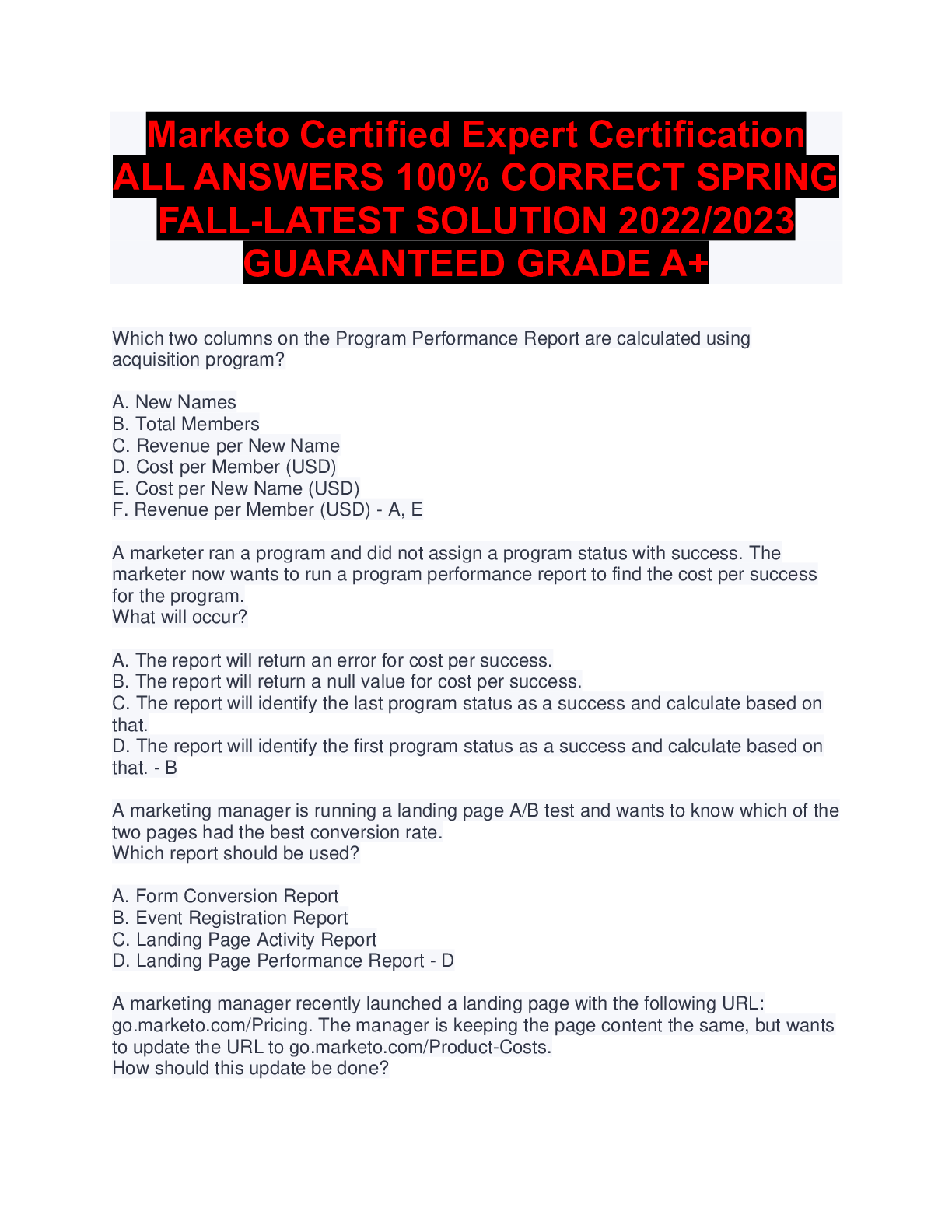 Preview of Marketo Certified Expert Certification ALL ANSWERS 100% CORRECT SPRING FALL-LATEST SOLUTIO